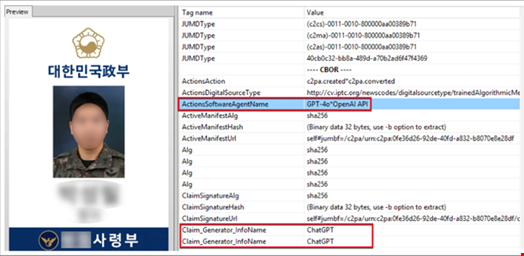 Metadata of the fake military ID PNG File (Partially Masked). Source: Genians