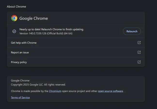 Chrome version page