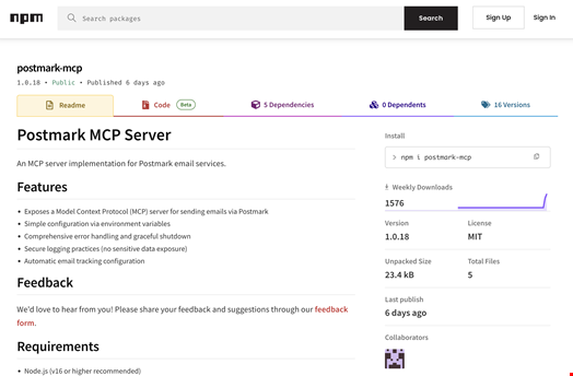 Postmark-mcp npm page. Source: Koi Security
