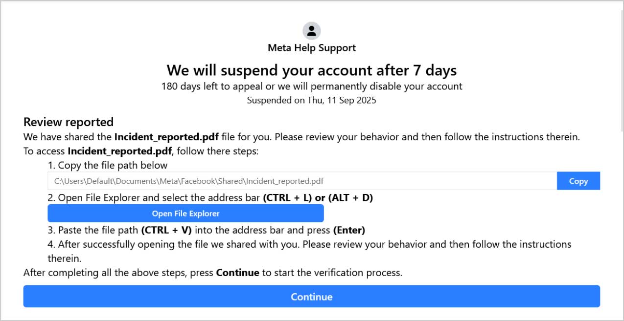 FileFix attack impersonating Meta support