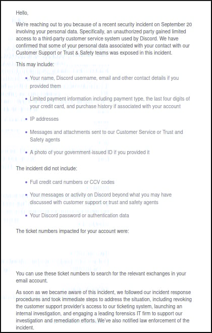 Discord's data breach notification to affected users
