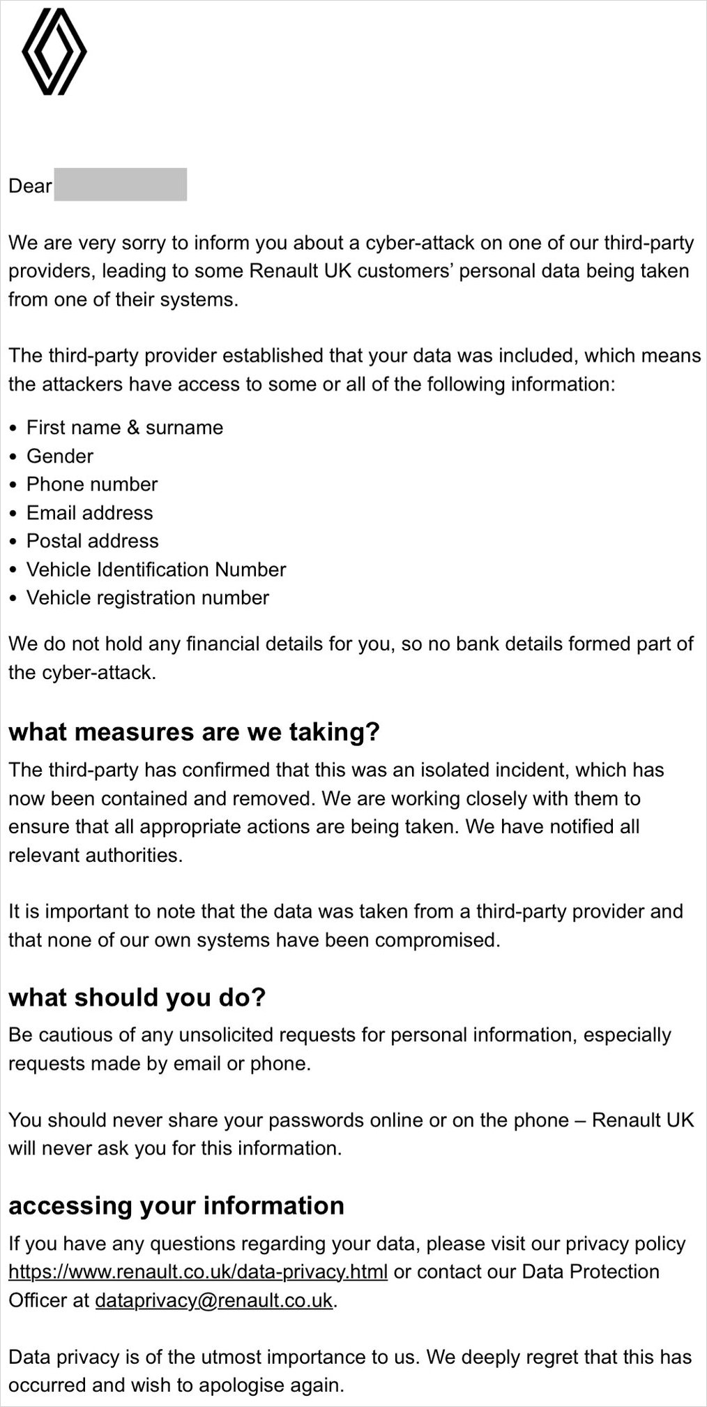 Renault's notice to customers