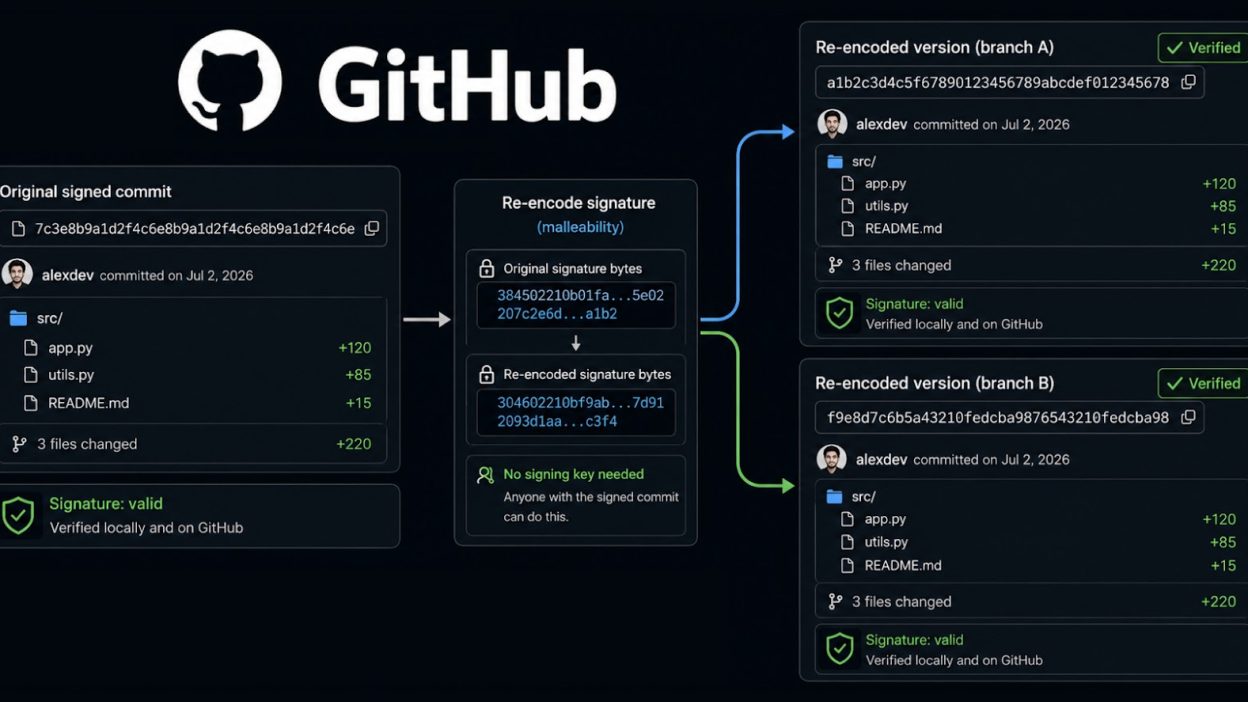 GitHub 'Verified' Commits Can Be Rewritten Into New Hashes Without Breaking Signatures